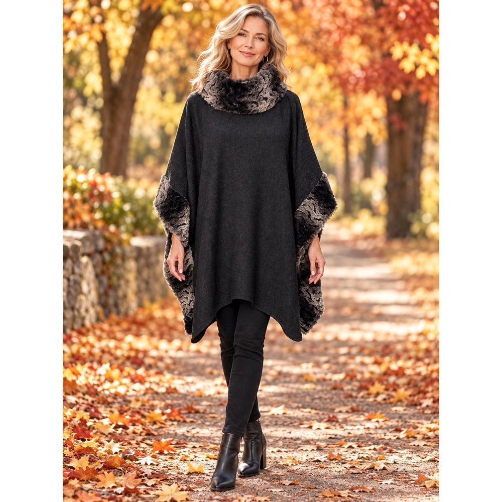 Do Everything In Love Poncho One Size Gray Black Faux Fur Trim Funnel Neck Wrap